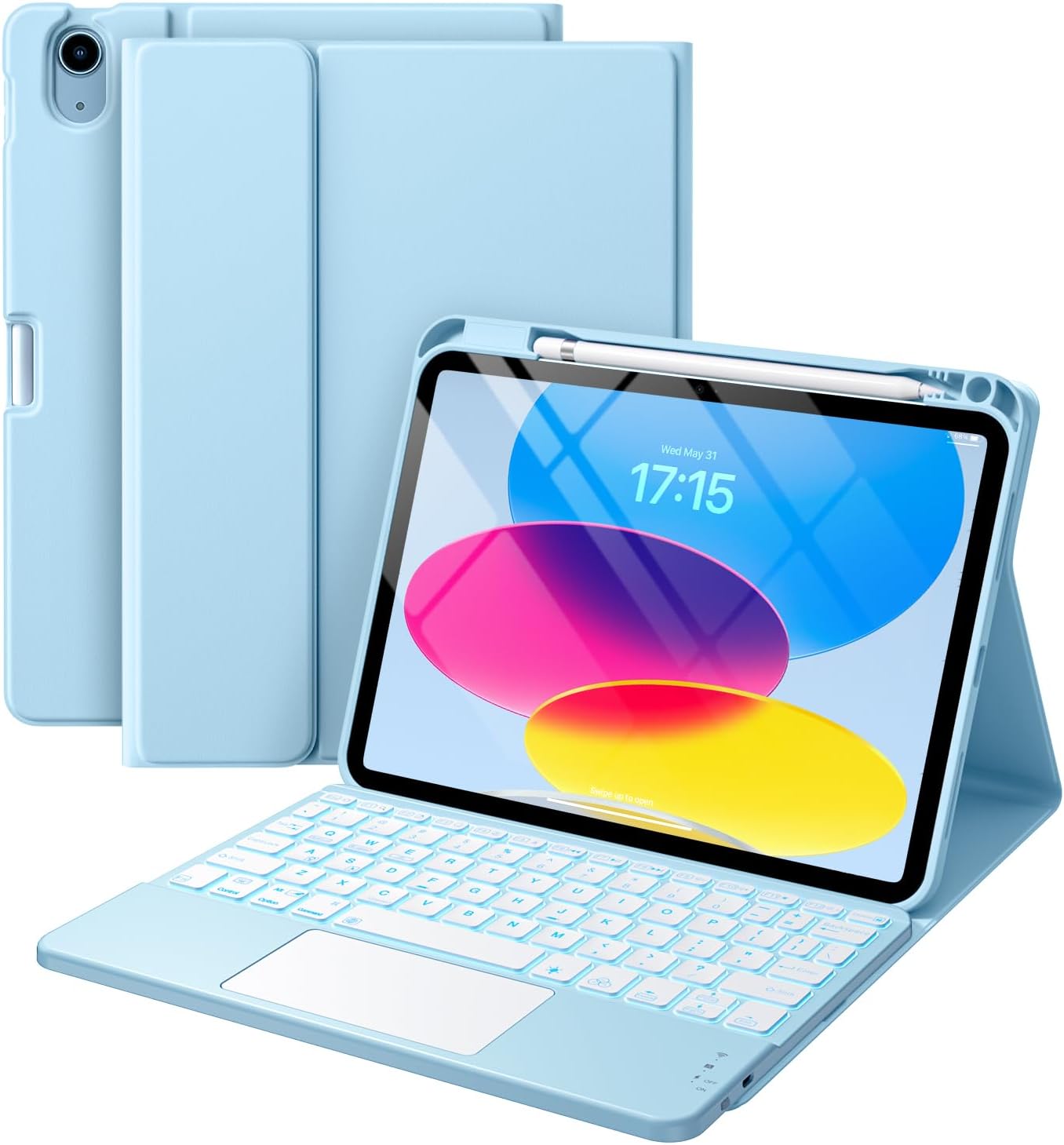 iPad 11th & 10th Gen Case with Keyboard - Folio Cover, Pencil Holder, Multi-Touch Trackpad, 7 Color Backlit | Navy Blue