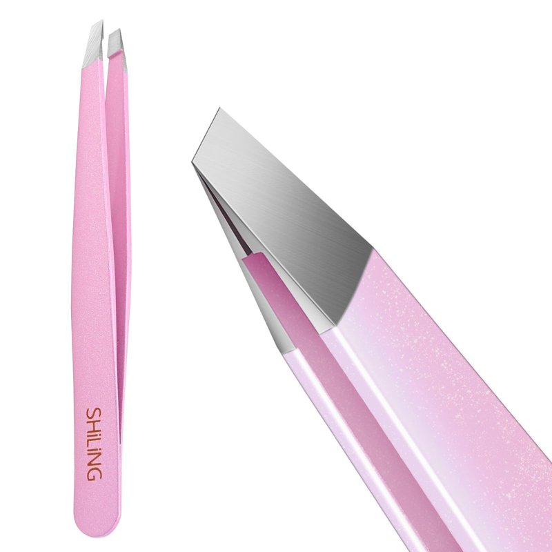 SHILING Professional Stainless Steel Tweezers, 1MM High-Precision, Pink, 3.78 inch, for Men and Women Eyelash and Facial Hair Removal