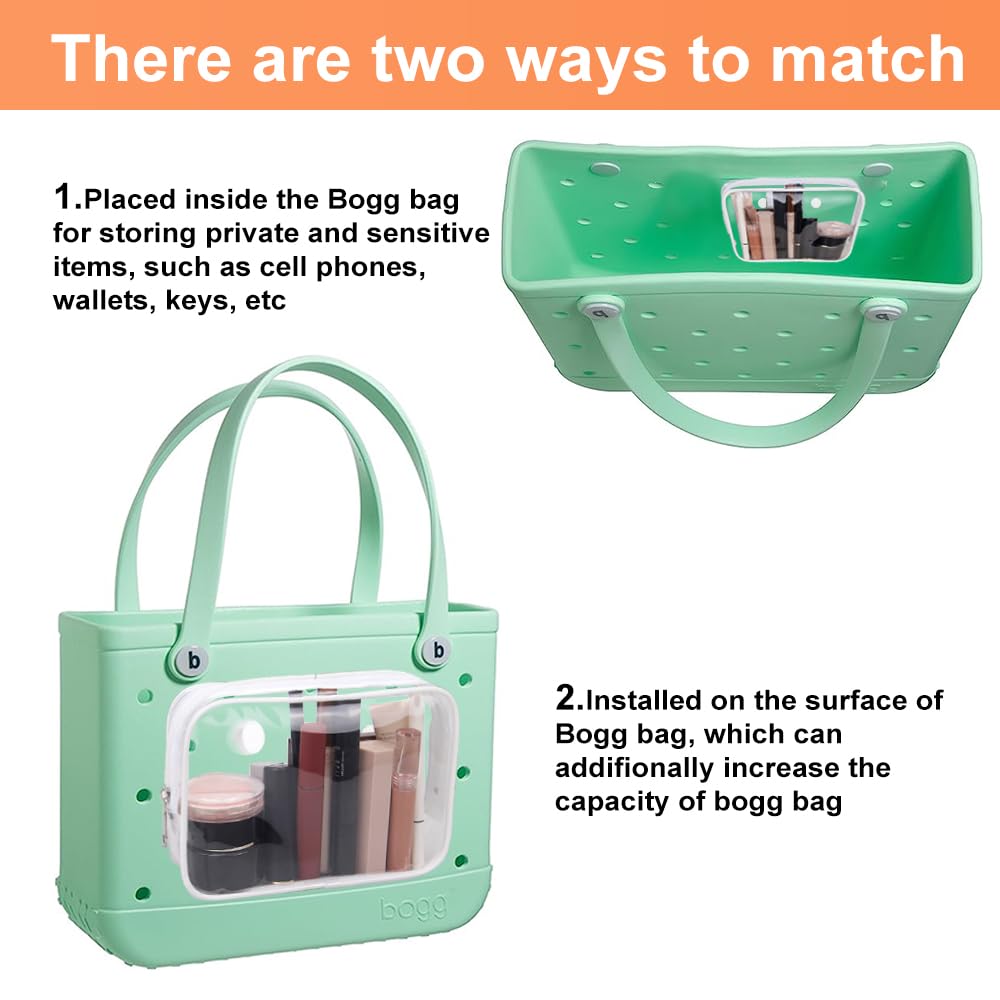Everfunny 3 Pcs Clear Bogg Beach Tote Bag with 4 Pcs Insert Hooks Accessories for Bogg Bags Travel Makeup Clean Toiletry Brush Organizer Cosmetic Divider Storage Inner Pouch (White set of 3)
