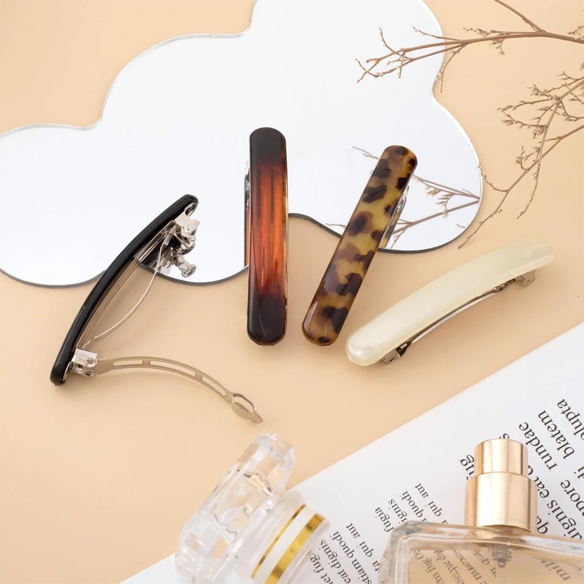 4PCS Tortoise Shell Hair Clips for Women, Oval Classic French Hair Barrettes, Curved Glossy Hair Accessories for Women Thick Long Hair