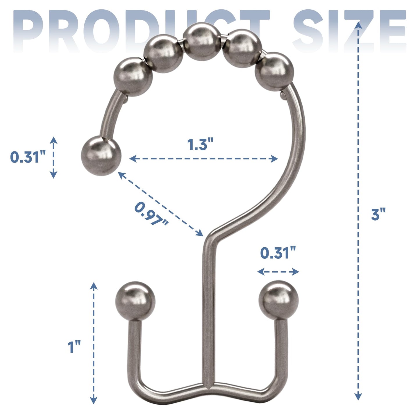 Titanker Shower Curtain Hooks Rings, Rust Resistant Metal Double Glide Shower Hooks Rings for Bathroom Shower Rods Curtains, Set of 12 Hooks - Nickel