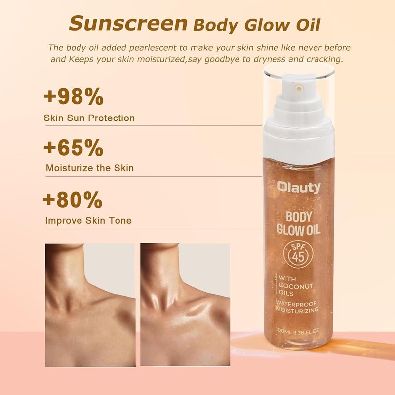 Sunscreen Body Glow Oil - Broad Spectrum SPF 45 | Lightweight Glitter Shimmer Oil for Sun-Kissed Skin (#03 Amber)