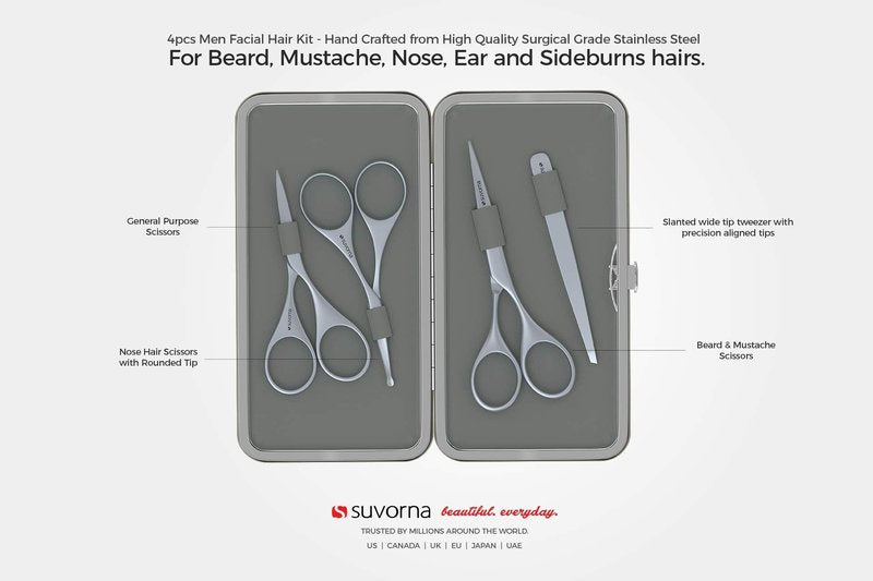 Suvorna Premium Beard & Mustache Scissors Set - Men's Grooming Kit with Beard, Eyebrow & Nose Scissors - Slant Tweezers (4 Pcs White)