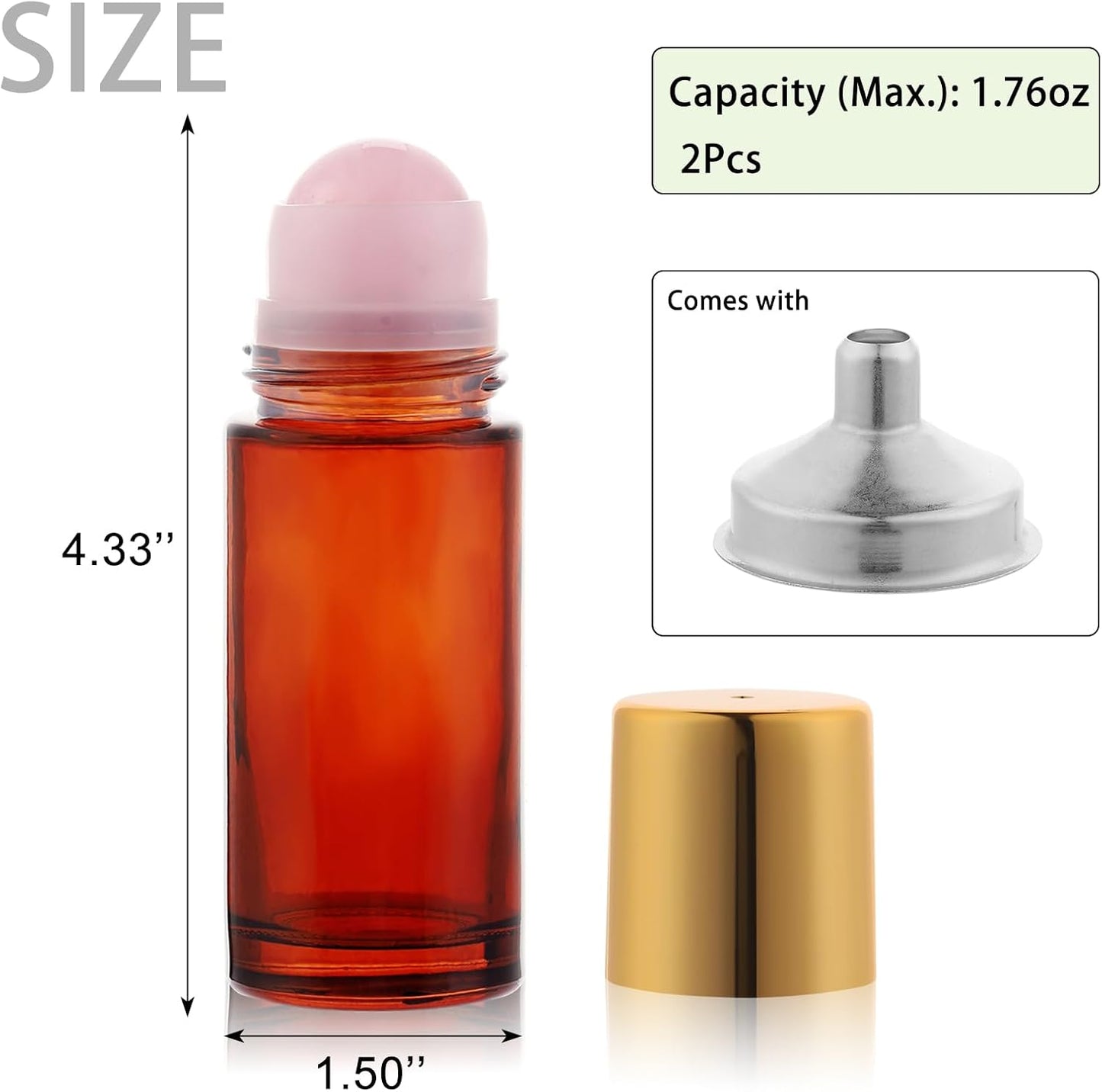 Amber Glass Roll-On Bottles - 2 Pack 1.7oz Refillable Containers with Rose Quartz Rollerball for Essential Oils & Perfume