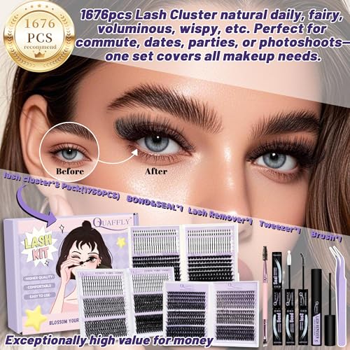 QUAFFLY DIY Lash Extension Kit: D Curl Manga Lash Clusters with Tools