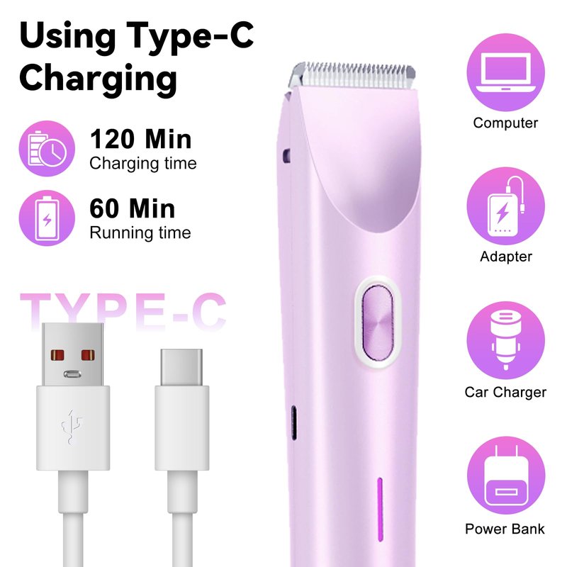 2-in-1 Bikini Trimmer for Women & Electric Razors for Women, Dual Head Design for Intimate Areas, Face, Underarms & Legs, IPX7 Waterproof Rechargeable Shaver, Portable Travel Personal Care (Purple)