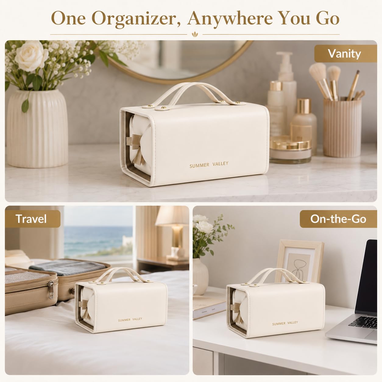 YDR Travel Makeup Bag for Women, 4-in-1 Roll Up Toiletry Bag with 4 Detachable Clear Pouches, PU Leather Makeup Organizer Case with Top Handle for Brushes, Skincare, Cosmetics and Travel