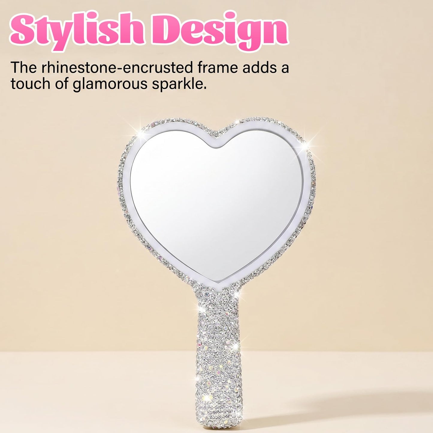 SULIKJHUI Rhinestone Handheld Mirror, Heart Shaped Glitter Cosmetic Mirror with Handle, Wedding & Makeup Accessories for Women, Silver White (6.3 Inch
