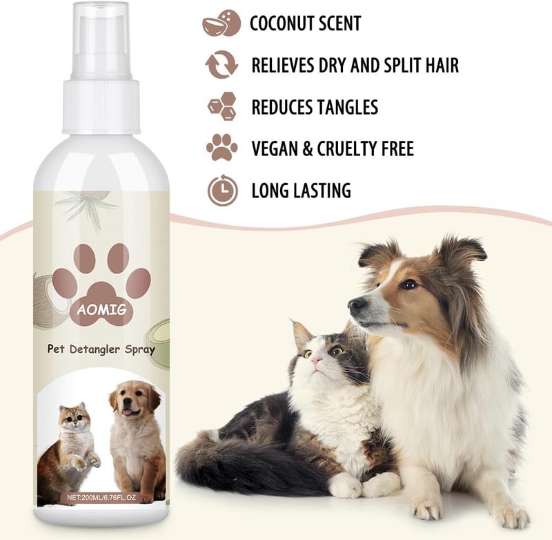 AOMIG Dog Detangler Spray - Natural Leave-In Conditioner for All Coat Types | Coconut Scent, 6.7 Fl Oz