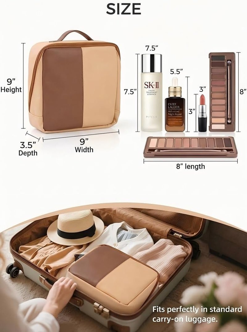 Large Makeup Bag - Sturdy PU Leather Cosmetic Organizer with Fold-Down Phone Tray | Waterproof Travel Toiletry Case, 9.5 Inch, Brown
