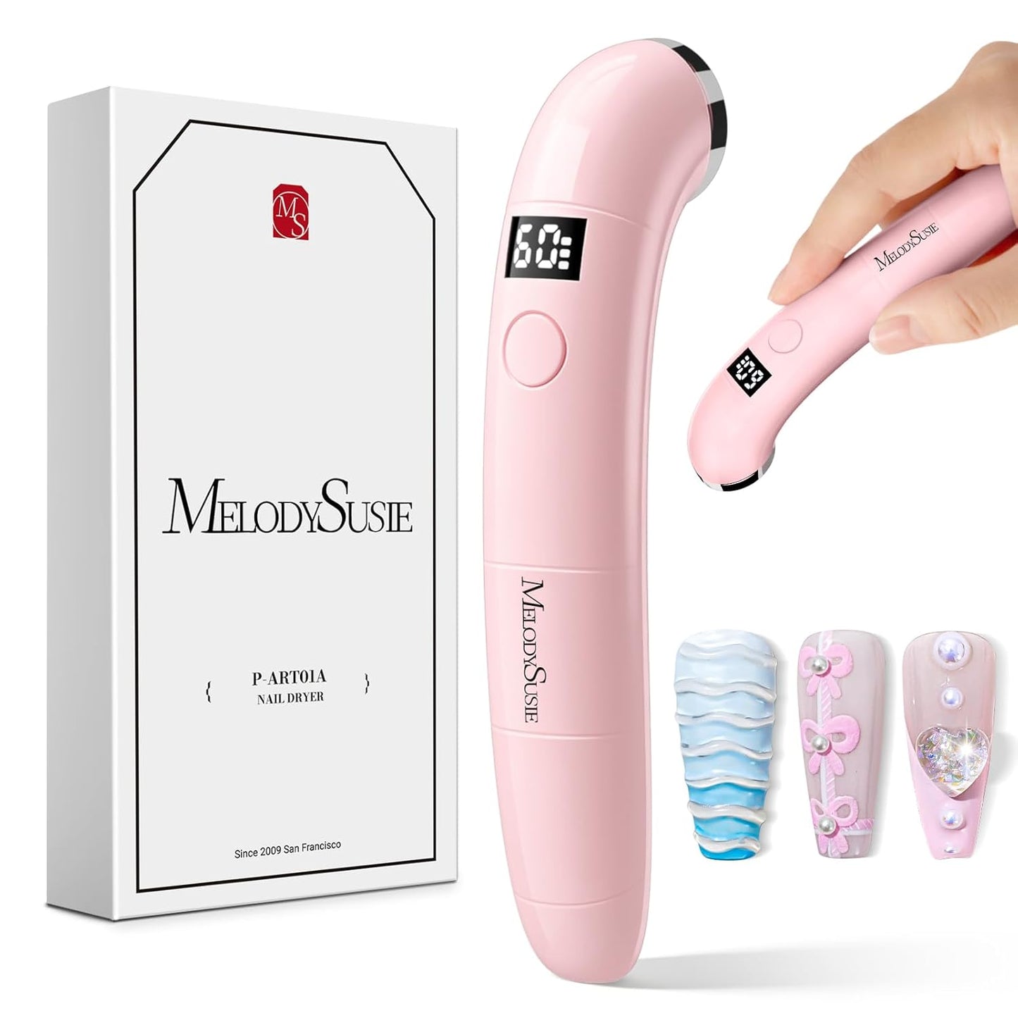 MelodySusie Ergonomic Handheld Cordless UV Nail Lamp - Rechargeable Mini LED Light with LCD Display & 2 Timers | Perfect for Soft Gels & Rhinestone Glue