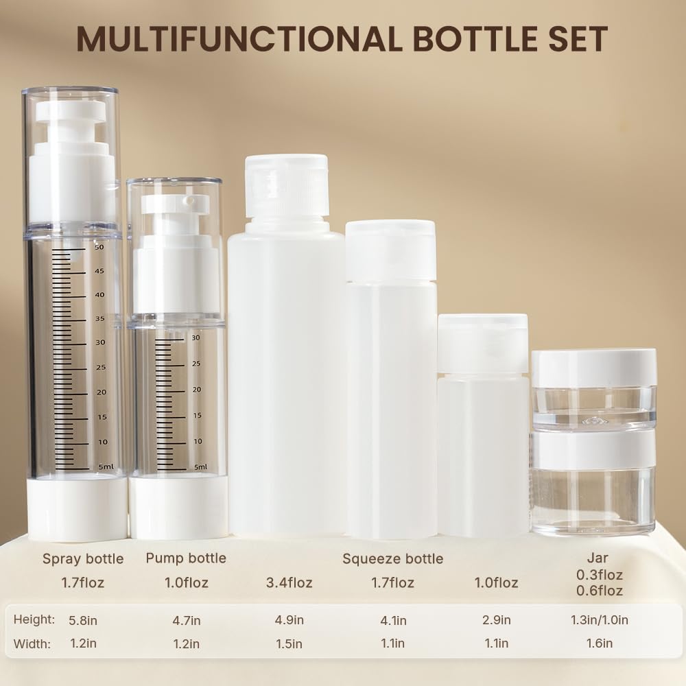 Travel Bottles Kits 7 Pcs , TSA Approved Leak Proof Toiletry Container Set, Graduated Vaccumn atomizer and Lotion Bottle, Squeeze Bottle, Transparent Cream Jar, for Shampoo Lotion Cream Cosmetic