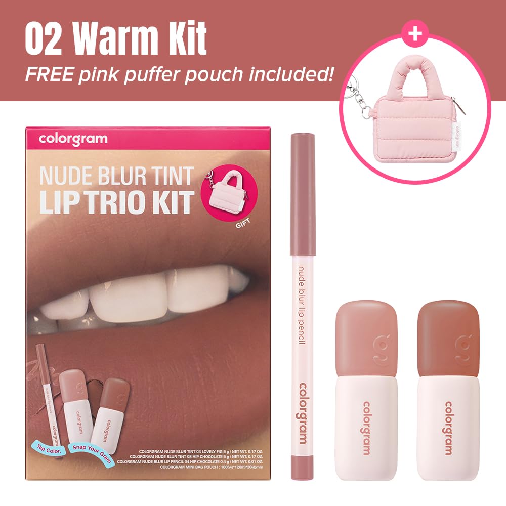 COLORGRAM NUDE BLUR TINT LIP TRIO KIT 02 WARM KIT | K-Beauty Makeup | Soft Matte Lip Stain | Powdery Finish | 2-in-1 Lip & Cheek | Lightweight & Buildable