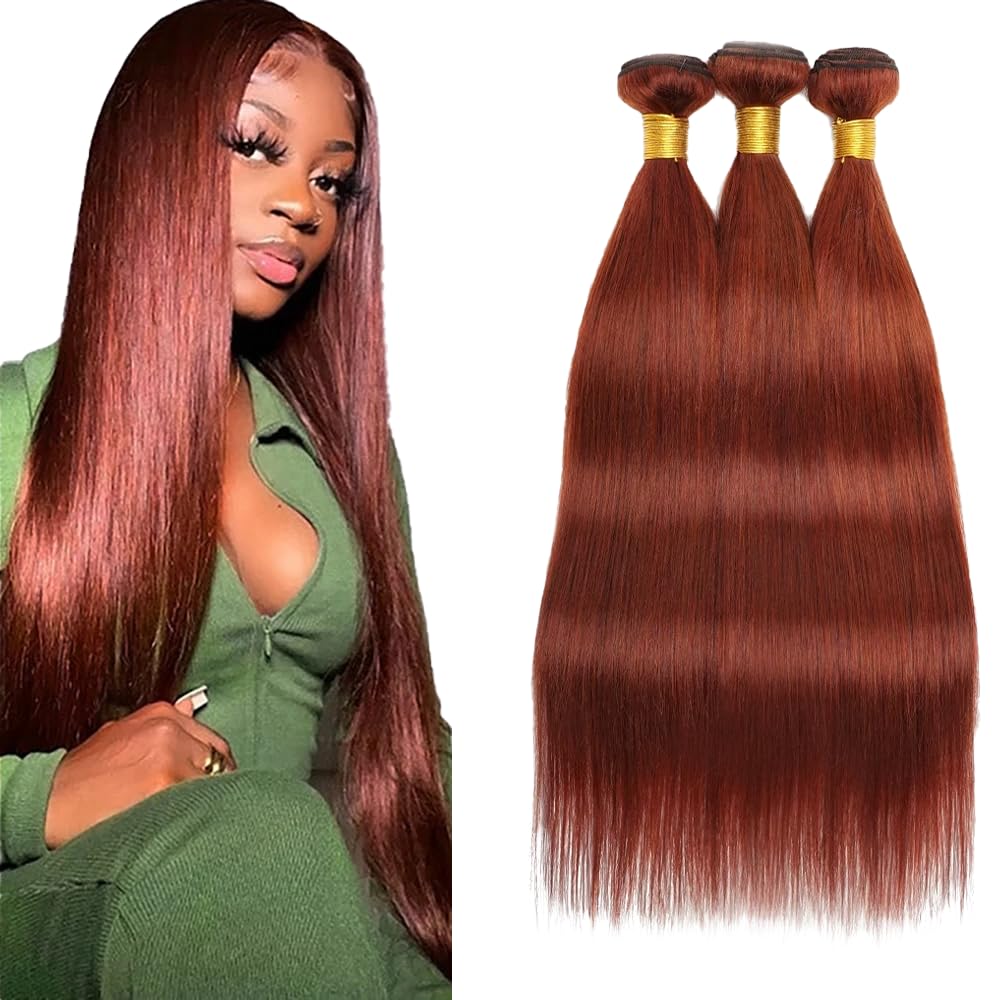 Copper Red Bundles Reddish Brown Straight Human Hair Bundles 24 24 24 Inch Brazilian Color #33 Straight Bundles Human Hair Unprocessed Virgin Hair 3 Bundles Hair Weave for Women