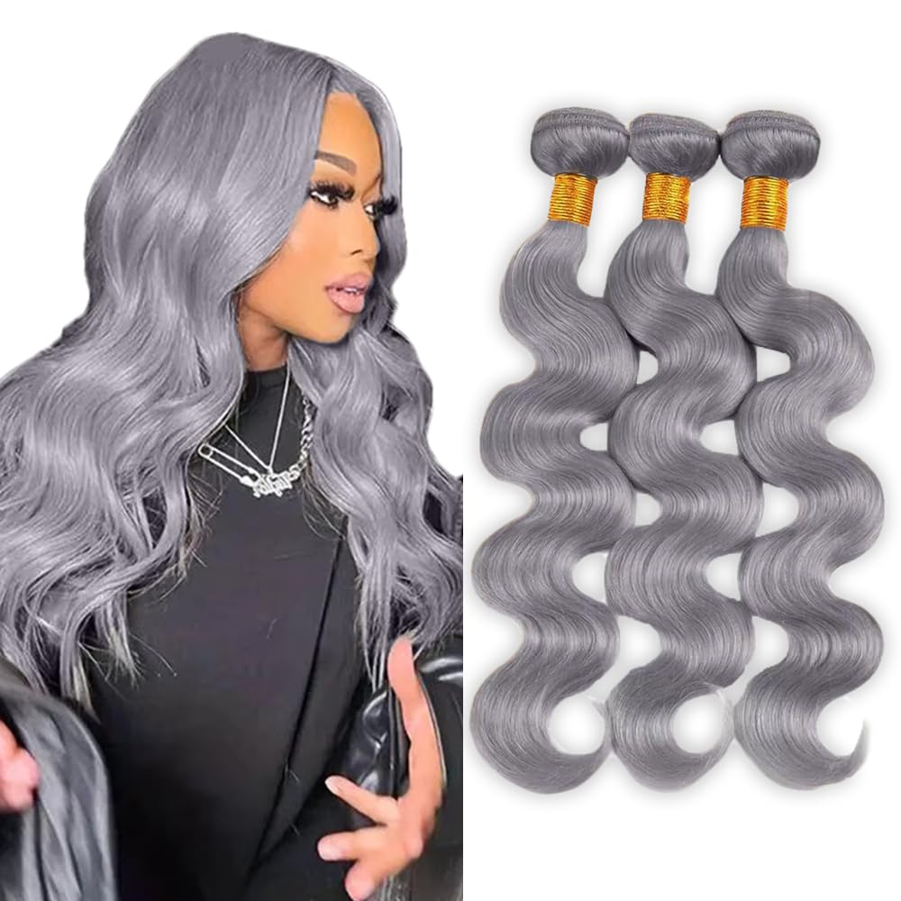 24 26 28 Inch Grey Bundles Human Hair Body Wave 3 Bundles Brazilian Remy Hair 50 Grams/Bundle 10A Grade Unprocessed Virgin Hairs Silver Grey Body Wave Bundle Weaves Extensions