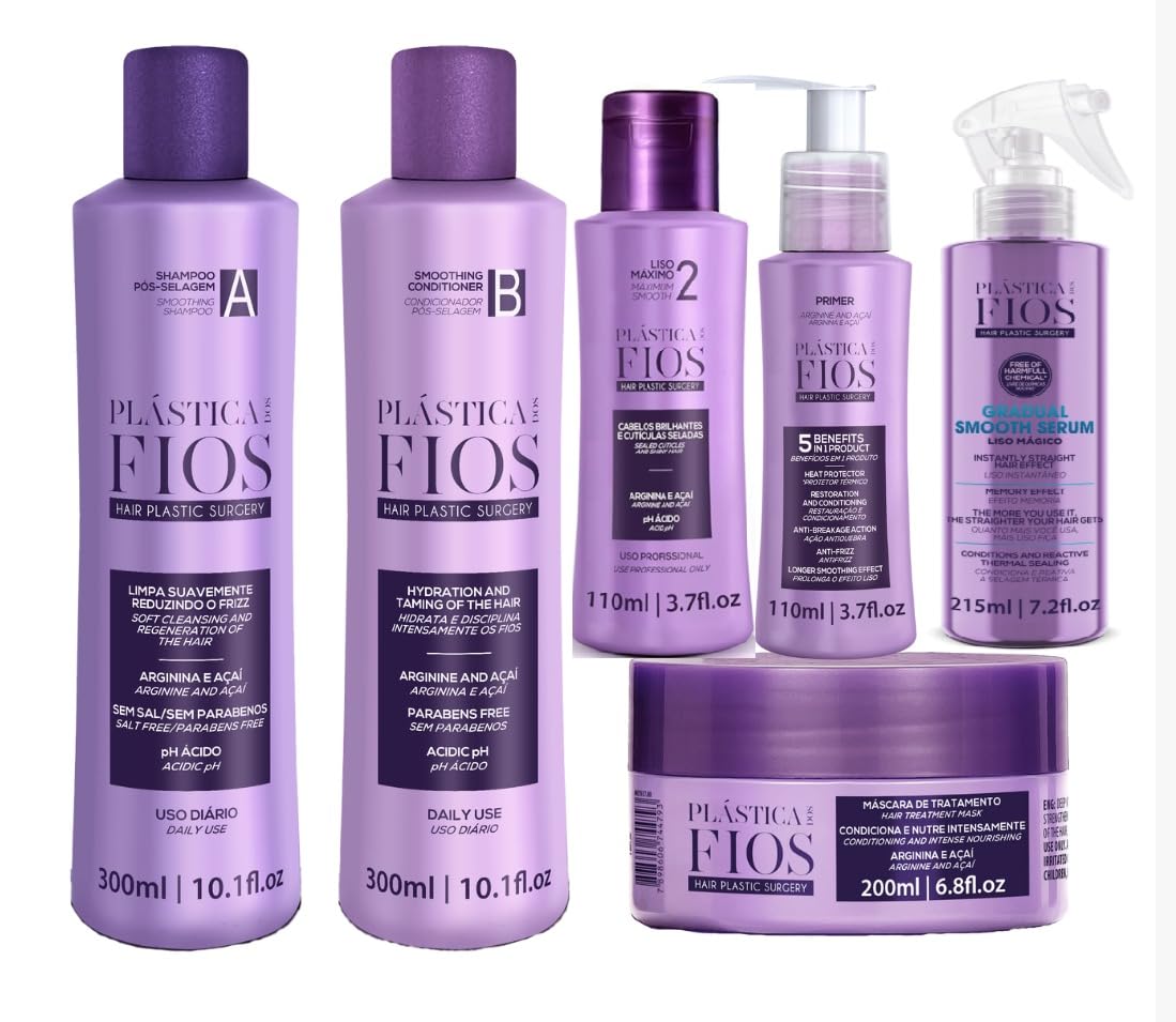 Plastica dos Fios Complete Kit 6 Units - Hair Repair System – Brazilian Keratin - Anti-Frizz Shampoo, Conditioner, Primer, Mask & Serum -Deep Hydration, Smoothing & Shine Boost for All Hair Types