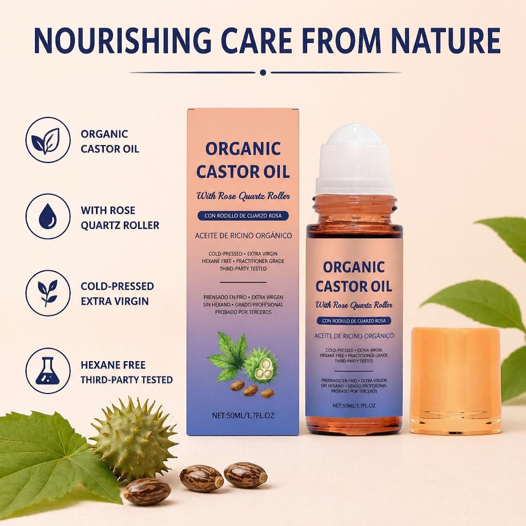 UNME SOULMA Castor Oil with Rose Quartz Roller Ball, Cold Pressed Castor Oil Roll On for Hair, Skin, Face, Scalp, Brows & Lashes, Deep Hydration & Anti-Aging, Travel Size 1.7 Fl Oz