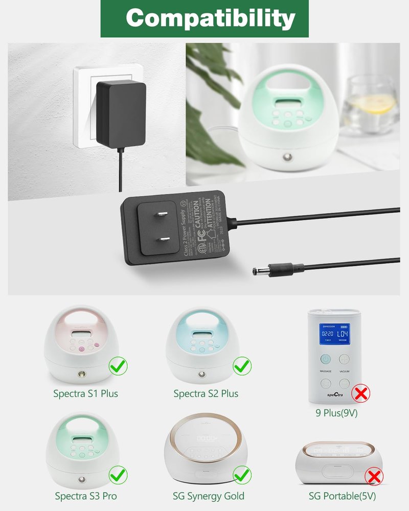 JOVNO Charger for Spectra Breast Pump 12V Power Supply Cord for Spectra S1 S2 SPS100 SPS200 S3 Pro 9 Plus Baby Breast Pump Suction Device