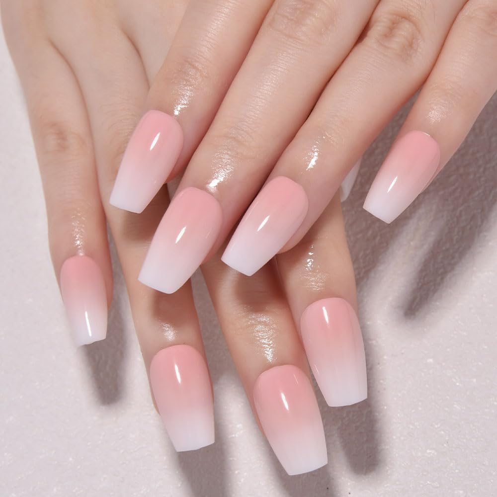 Cat Eye French Tip Press-On Nails - Nude & Pink Short Almond | Reusable Glue-On Nails with Gold Line for Weddings & Parties