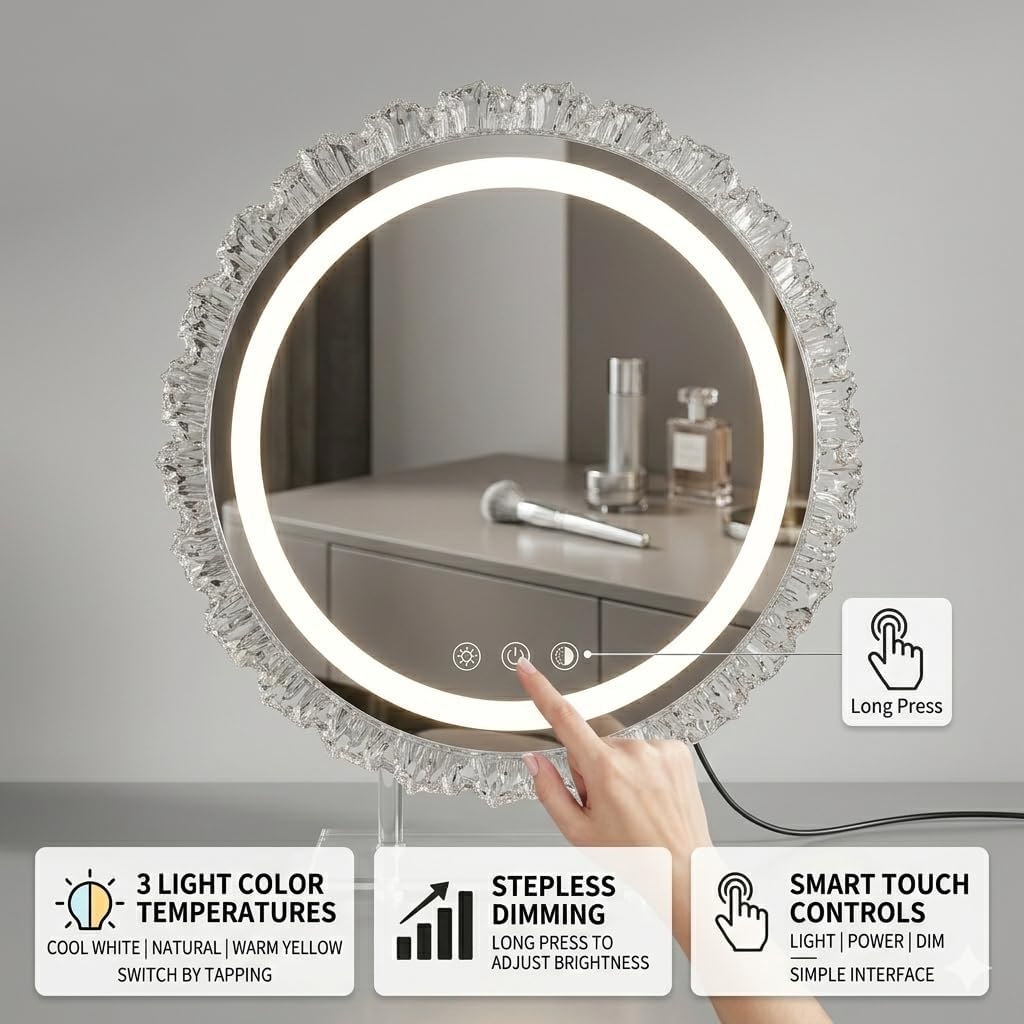 Hollywood Round Vanity Mirror - 16-Inch Dimmable Makeup Mirror with 3-Color LED Light Modes | 360° Rotating Design