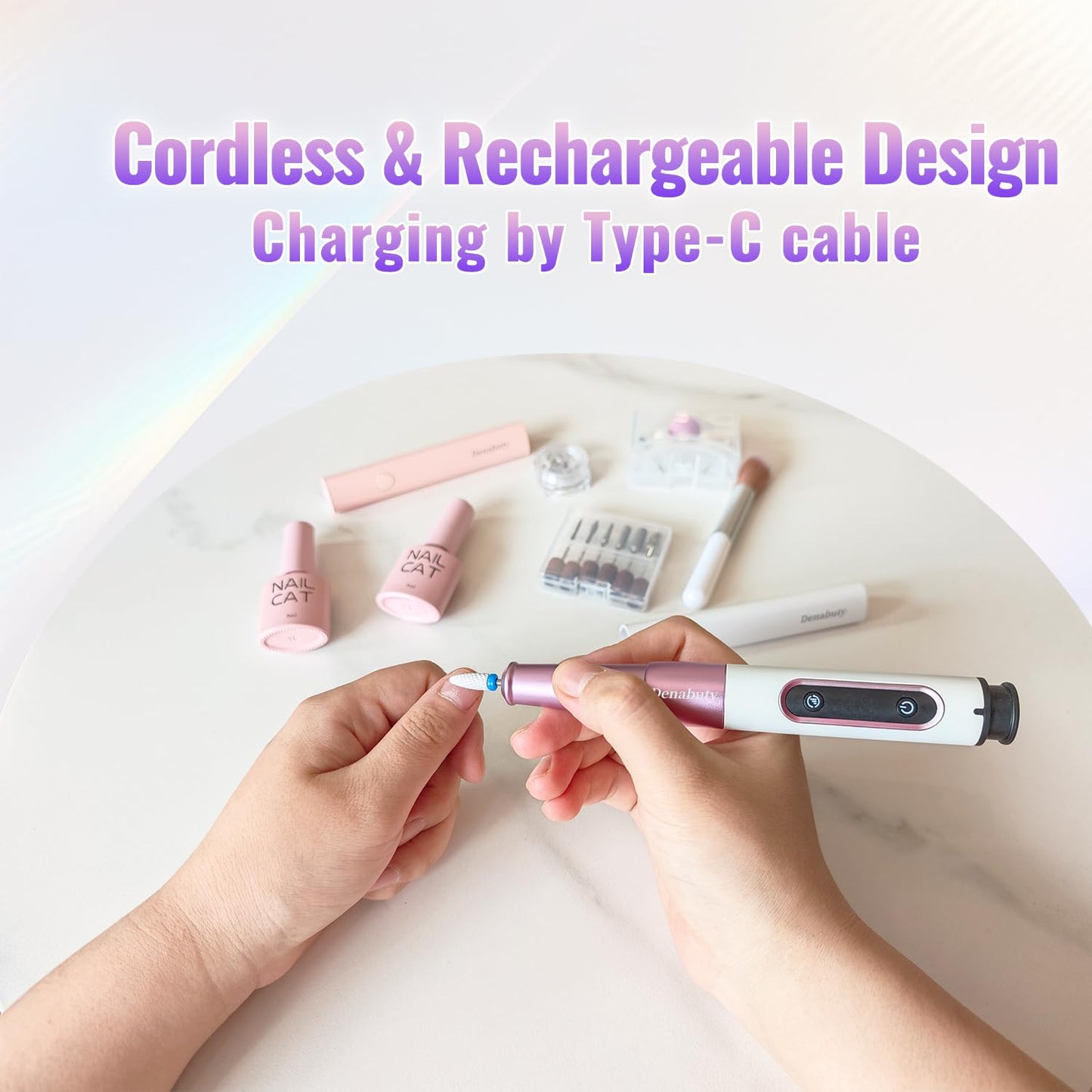 Electric Nail Drill - Cordless 12-in-1 Professional E-File with LED Display | Portable Rechargeable for Gel & Acrylic Manicure, Purple
