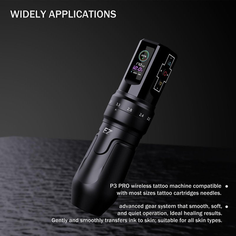 EZ P3 Pro Wireless Tattoo Machine - 6 Strokes 2.0, 2.4, 2.8, 3.3, 3.7, 4.2mm Tattoo Machine Pen with OLED Digital Display 1600mAh Battery Power Tattoo Gun (Matte Golden)