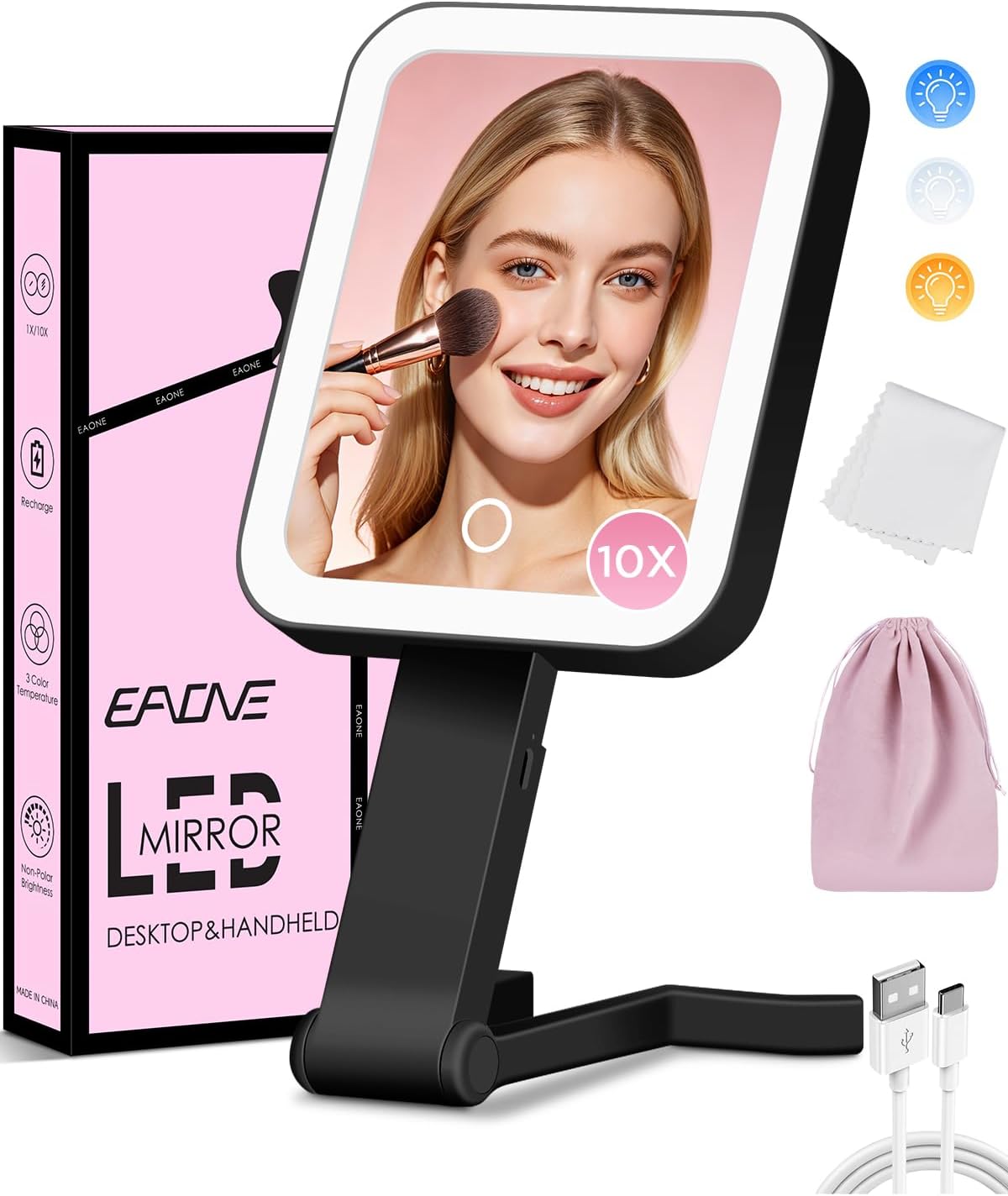 Magnifying Makeup Mirror with LED Light - Double-Sided 10X/1X | Dimmable Touch Screen & Storage Bag - Pink (10.3 x 5.2 IN)