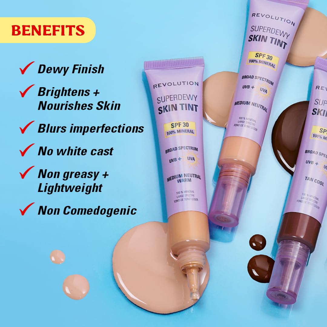 Revolution Superdewy SPF 30 Skin Tint - Tinted Mineral Foundation for Buildable Glow | Medium Tan Warm, Vegan & Cruelty-Free