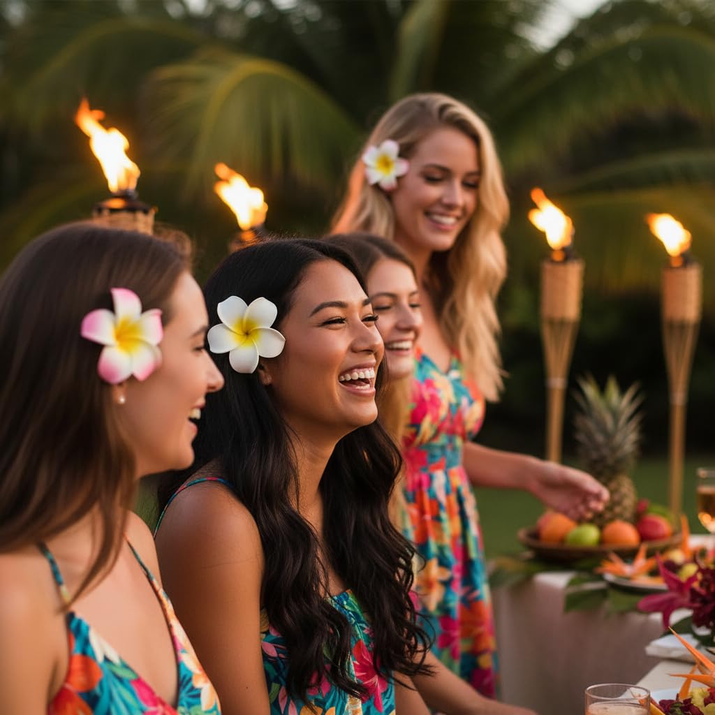Hawaiian Frangipani Foam Hair Clips - 4 Pcs White & Pink Floral Accessories | Party & Beach Use