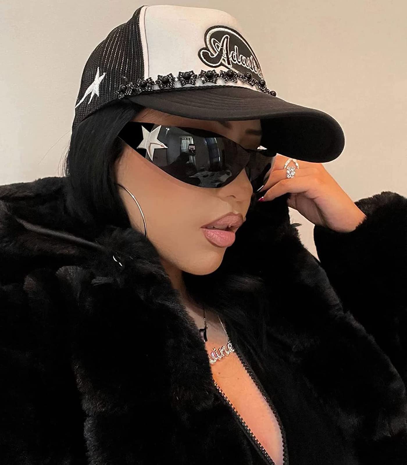LIKSMU Rimless Y2K Sunglasses for Women Men Wrap Around Fashion Sunglasses Oversized Frameless 2000s Trendy Sun Glasses Black Lens and Black Frame