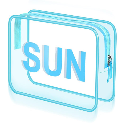 Shinylin Clear Sun Bag Travel Beach Makeup Pouch 9.5" x 7" x 3.5" Large Blue Toiletry Cosmetic Bag PVC Waterproof Transparent Zippered Organizer for Women Girl Summer