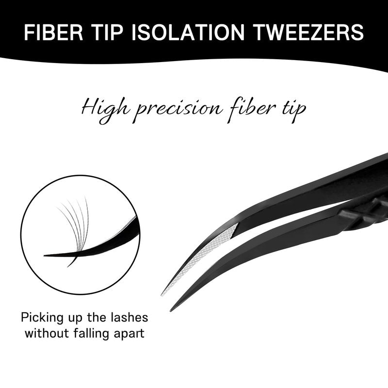VAVALASH Lash Tweezers for Eyelash Extensions, Fiber Tip Diamond Grip Isolation Tweezers, Professional Precision Black Lash Tweezers for Volume & Classic Lashes