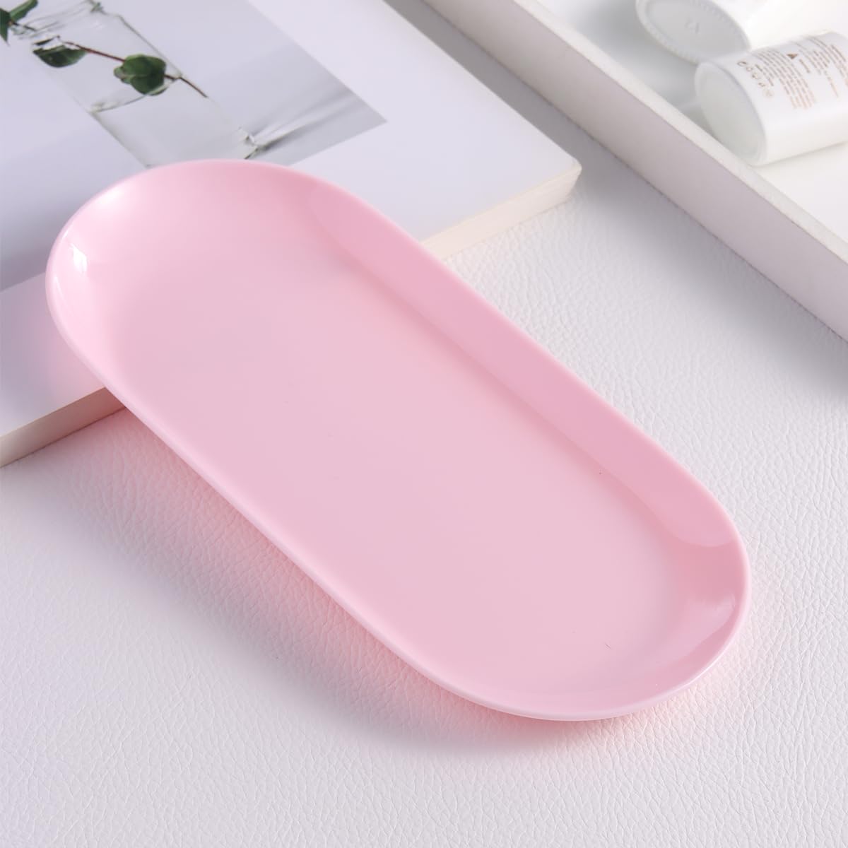 3Pcs Manicure Tools Storage Tray, Oval Plastic Storage Dish Nail Art Accessory Display Trays, Jewelry Rhinestone Organizer Plate, Makeup Cosmetic Nail Decorations Storages Plate（Pink）