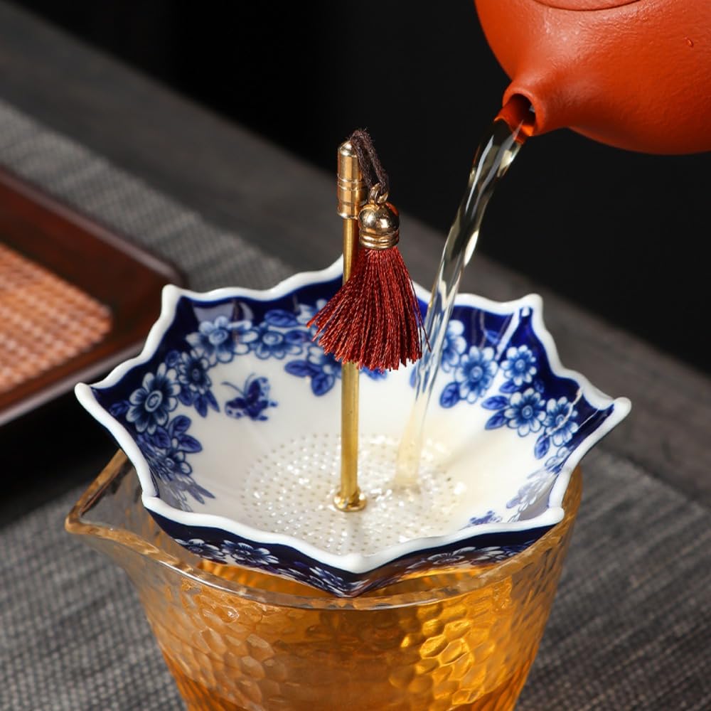 Ceramic Umbrella Tea Strainer with Tassel Chinese Traditional Style Tea Infuser, Ceremony Accessories with Tassel(Blue Flower)