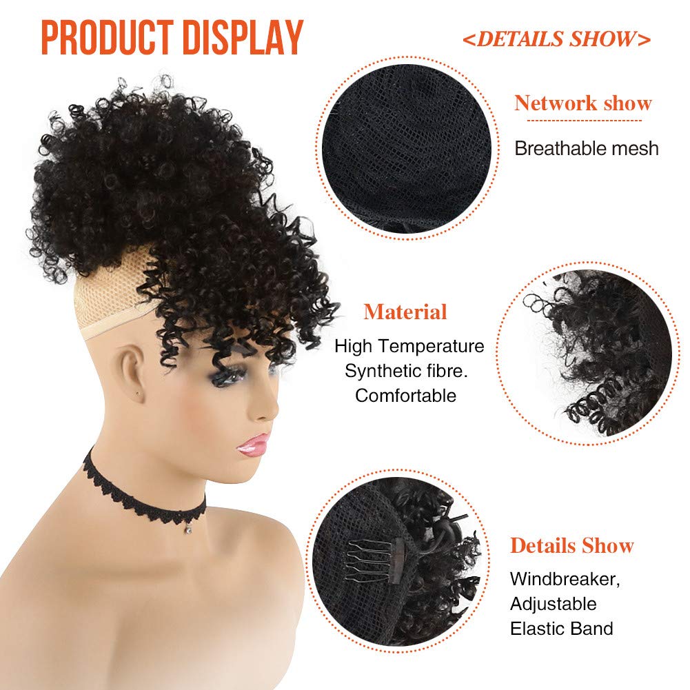 Curly Ponytail Wig for Black Women - Afro High Puff Bun Hair Piece with Bangs | Synthetic Drawstring Extension