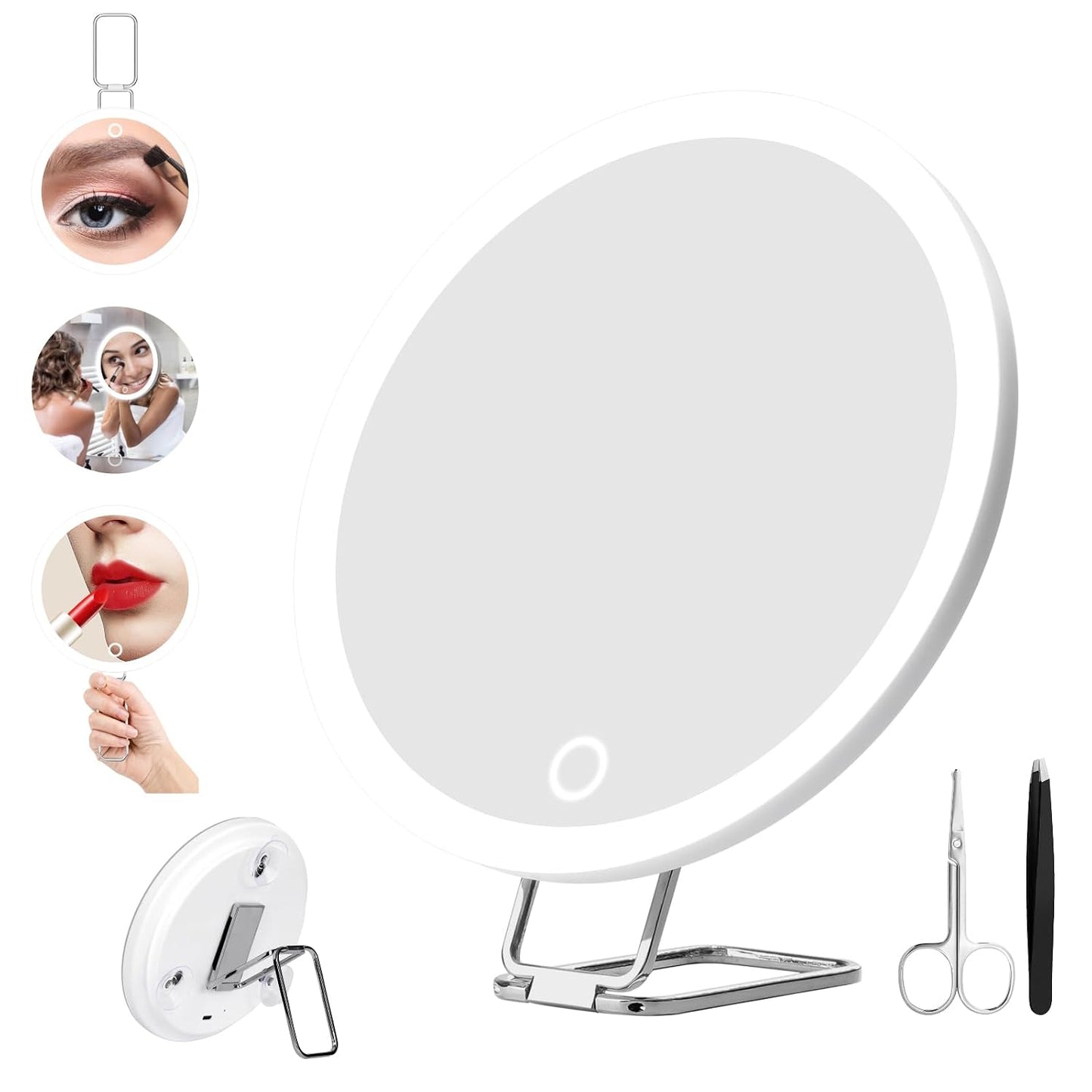 40X Magnifying Makeup Mirror with Lights - 6-Inch Compact Travel Size | 360° Adjustable Stand, Suction Cups, Tweezers & Scissors Set