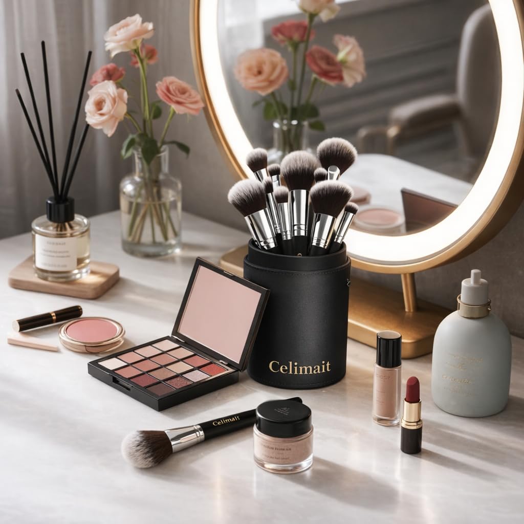 CELIMAIT Makeup Brushes Set with Travel Case, Soft Synthetic Bristles Makeup Brush Kit for Foundation Powder Blush Eyeshadow Concealer, Face Eye Brushes for Daily Use Travel Beginner Friendly, 12PCS