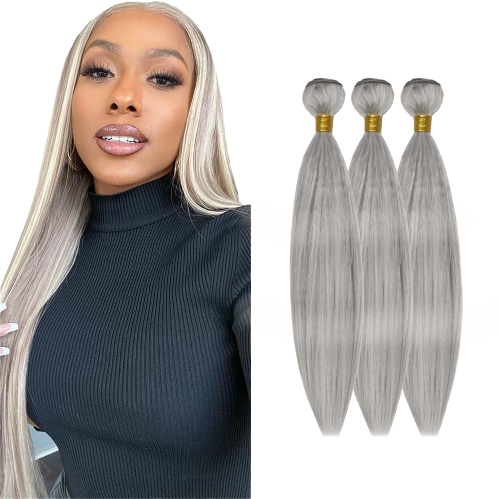 HuxoWax PGrey/613 Color Highlight Blonde 26 28 30 Inch Human Hair Bundles Grey 613 Straight Doubles Weft Weave 3 Bundles Total 300g Human Hair Extensions