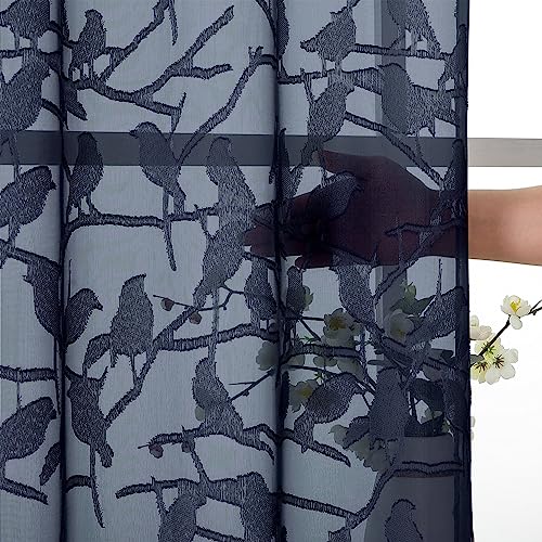 Navy Blue Sheer Curtains 84 Inches - 2 Panel Jacquard Drapes