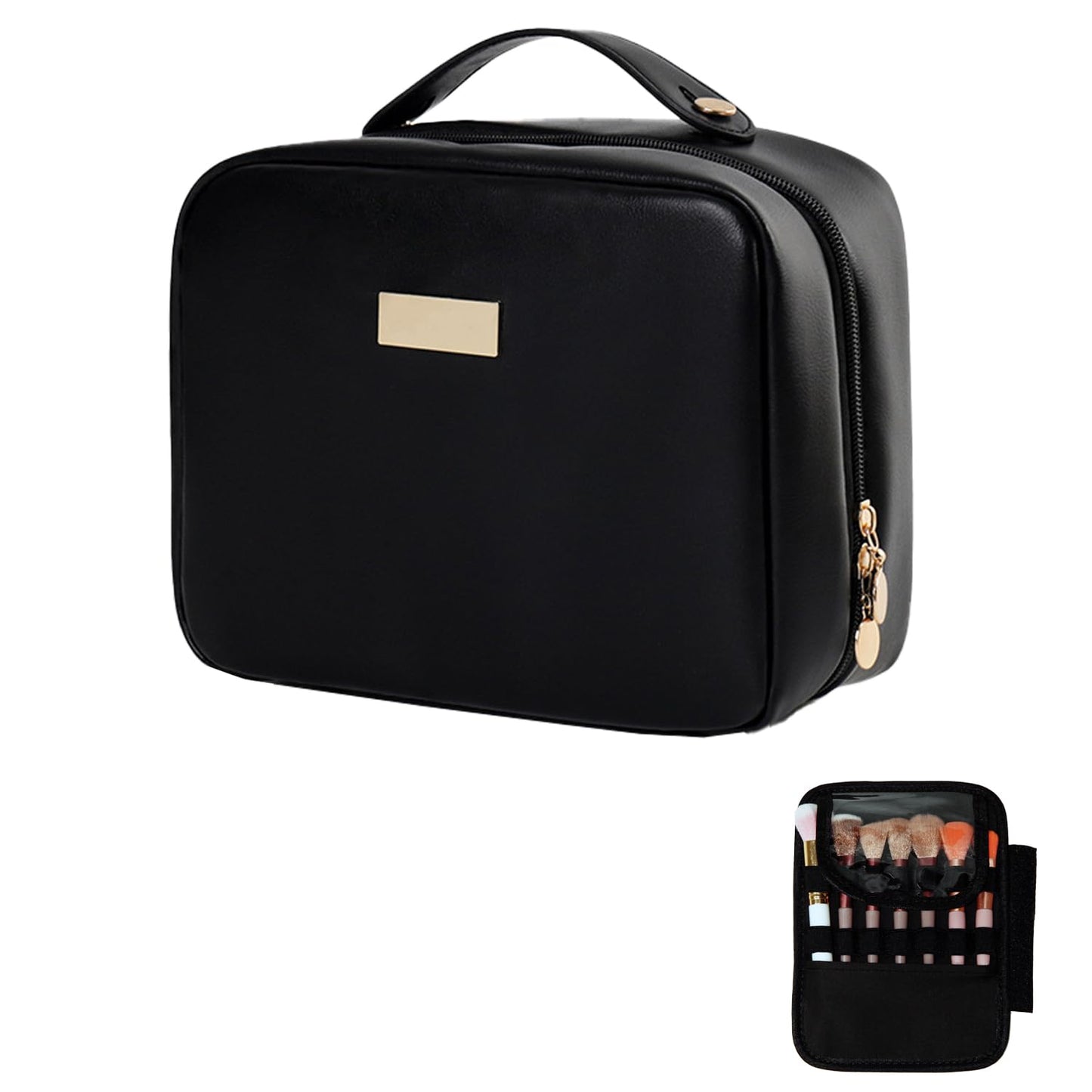 VNIMTI Travel Makeup Bag, Travel Toiletry Bag for Women with Brush Holder, Double Layer Large Cosmetic Bag, Portable Makeup Pouch, PU Leather, Black