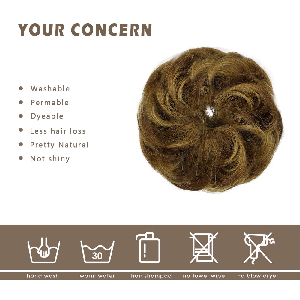 BARSDAR 100% Human Hair Bun Extension - Elastic Wavy Curly Messy Bun Scrunchies for Women - Brown Blonde Real Human Hair Updo Extensions Thick Fluffy Chignons Hairpieces - Brown mix Blonde