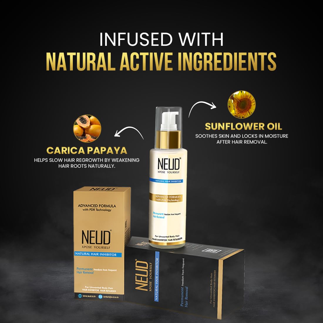 NEUD Natural Hair Inhibitor for Permanent Reduction of Unwanted Body & Facial Hair in Men & Women - Pack of 2