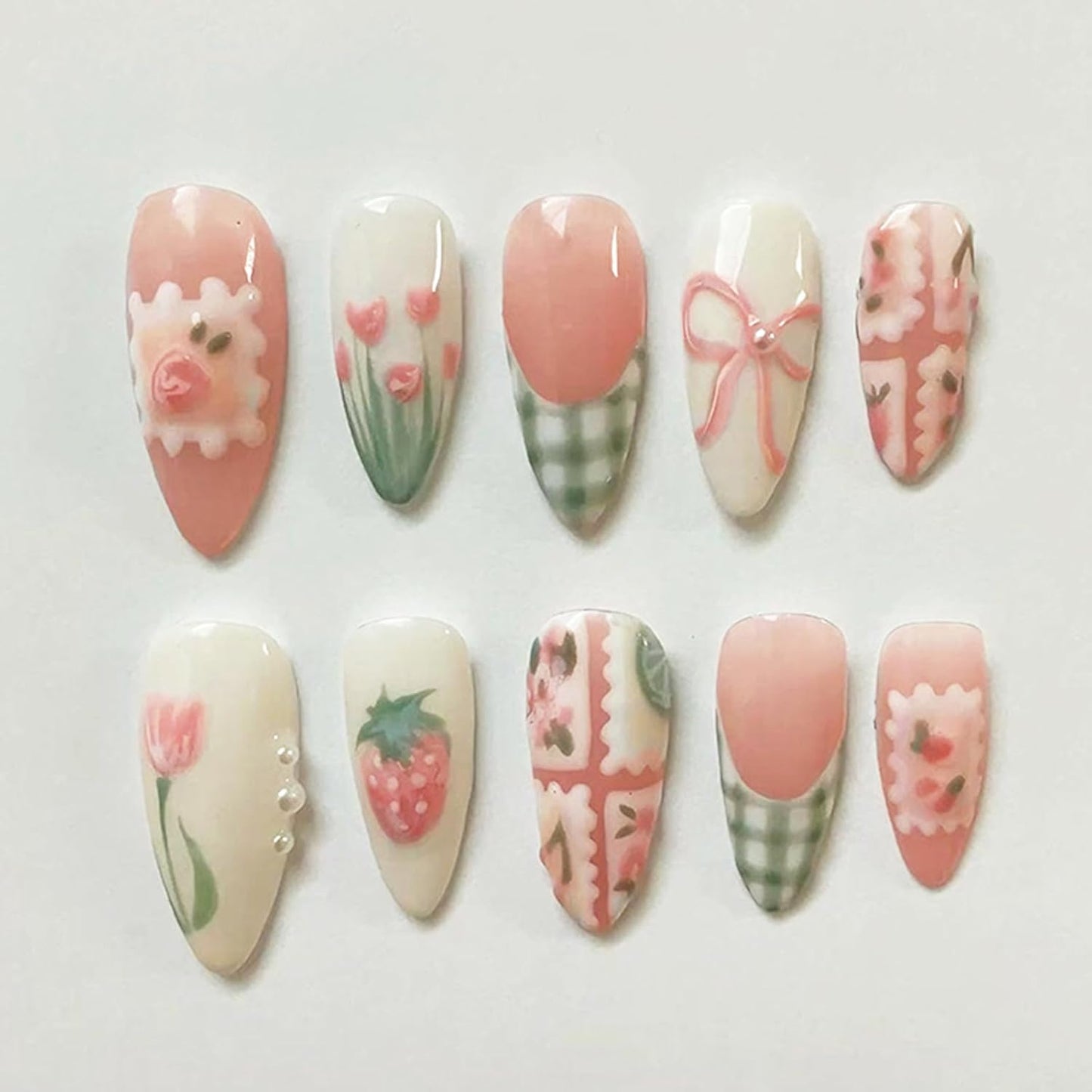 Almond Shape Press-On Nails - Cute Green French Tip with Flower & Strawberry Bow Designs | 30 Pcs Glossy Pink Acrylic for Summer Manicure