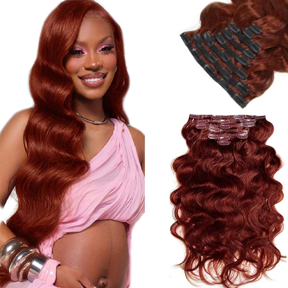#33 Reddish Brown Clip in Hair Extensions Real Human Hair, 20 Inch 120g/7Pcs,Full Shine Remy Human Hair,Copper Red Body Wave Clip ins Brazilian Virgin Human Hair Extensions