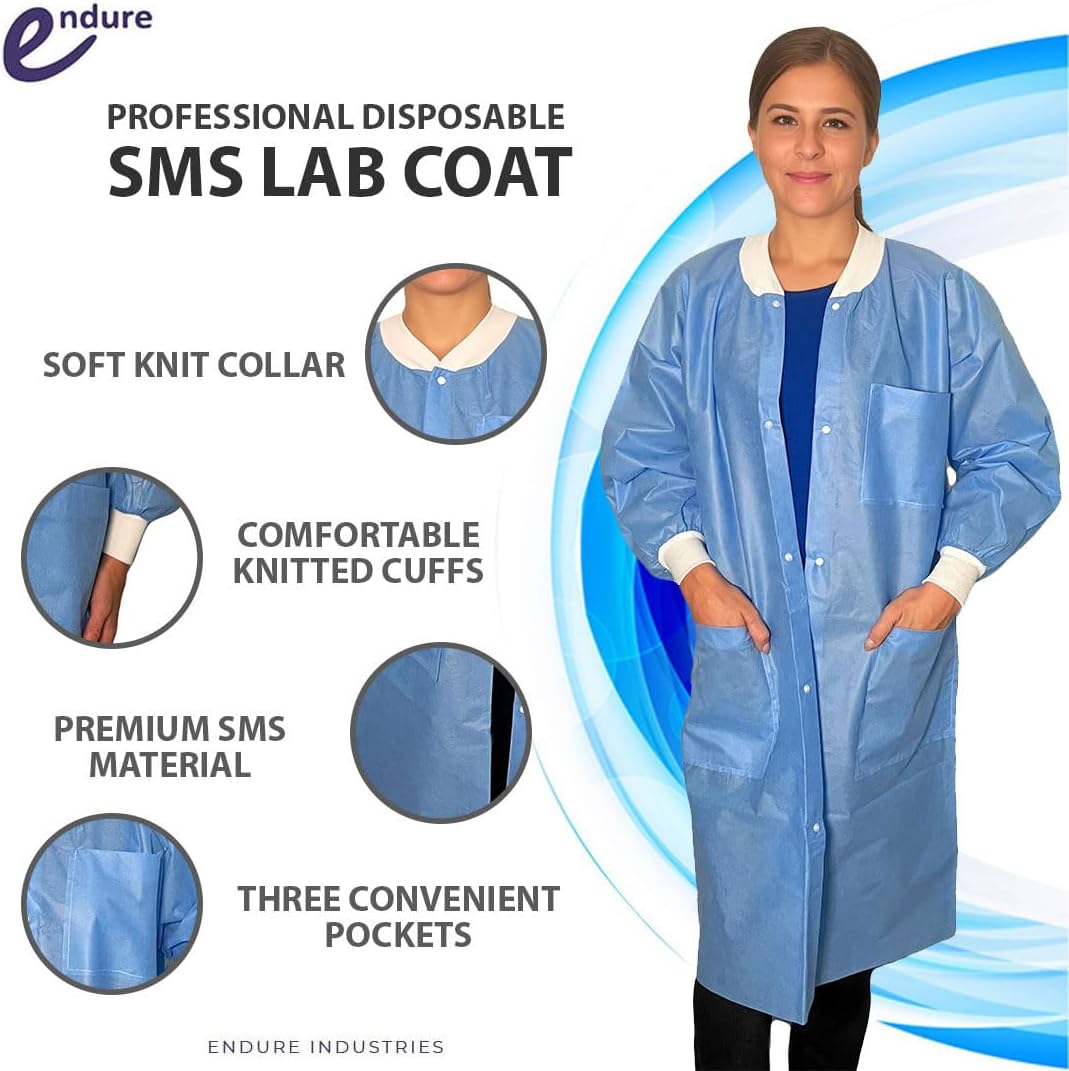 Endure Lab Coat - Disposable Knee-Length with Knit Cuffs | Premium SMS Material, Box of 10