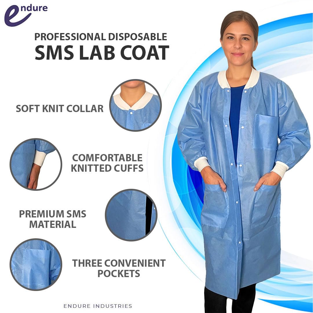 Endure Lab Coat - Disposable, Knee Length, Knit Cuffs, Knit Collar- Premium SMS Material, Box of 10 (XXL)