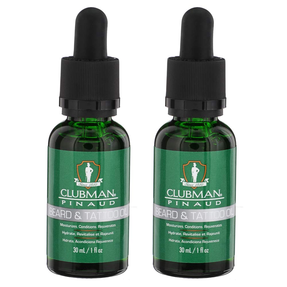 Clubman Pinaud Beard Tattoo Oil – Hydrating Tattoo Oil for Beard, Skin, and Tattoos, Moisturizes & Rejuvenates Facial Hair and Skin, 1 fl. oz, 2 Pack