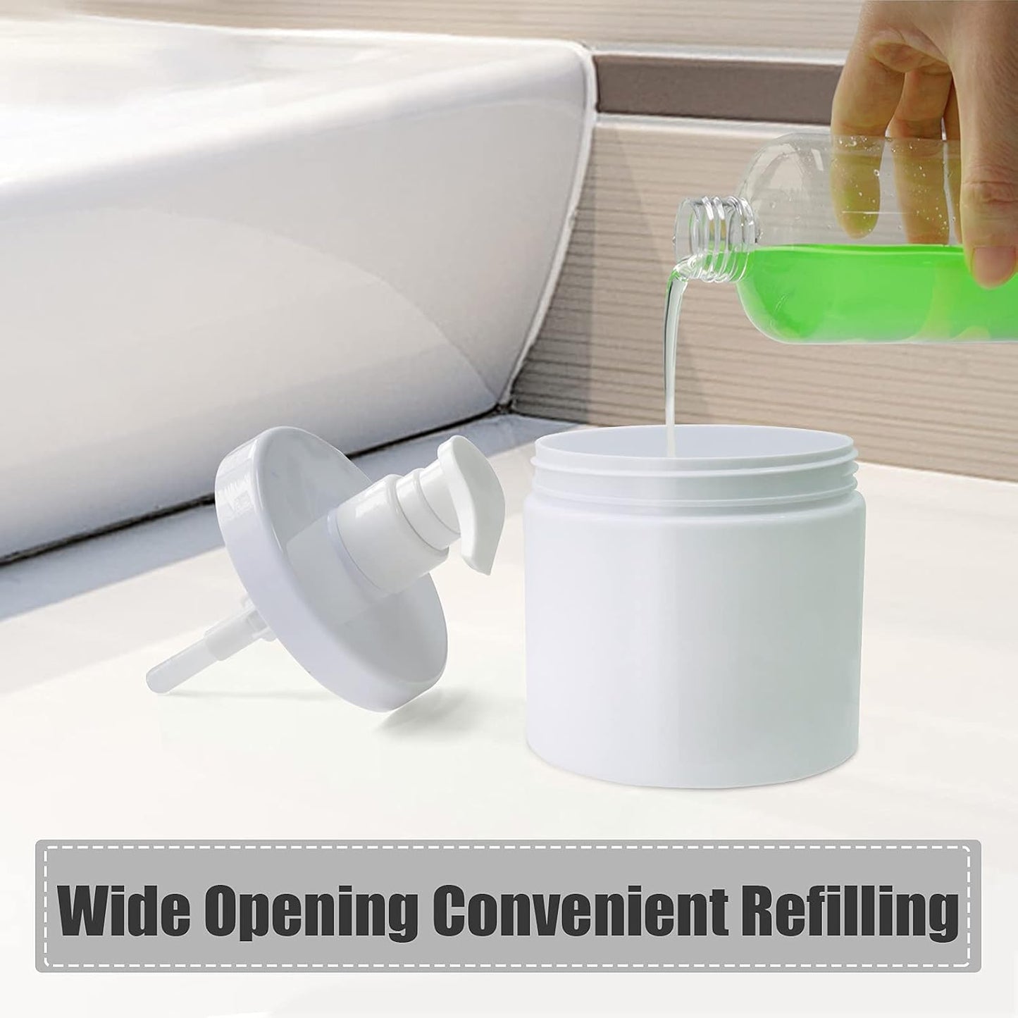Pump Bottle Dispenser - Refillable Plastic Lotion & Shampoo Containers | Wide Mouth, 2X 500ml, White