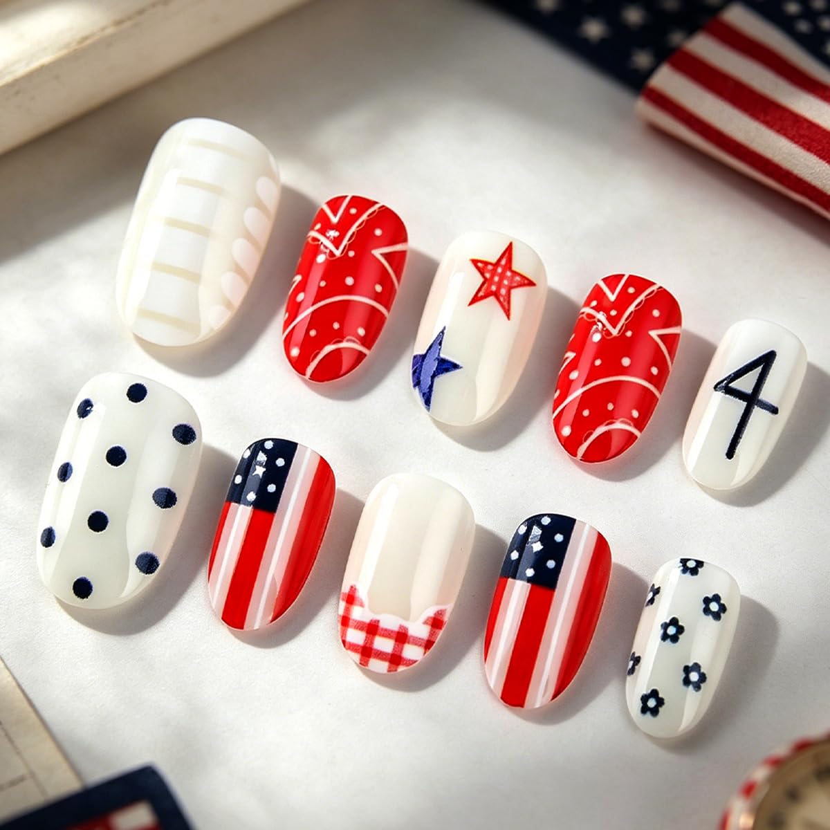4th of July Press on Nails Medium Oval Patriotic Fake Nails with Star,American flag & Polka Dot Designs,French Tip 4th of July Nails Independence Day Full Cover Stick on Nail for Women Manicure 24Pcs