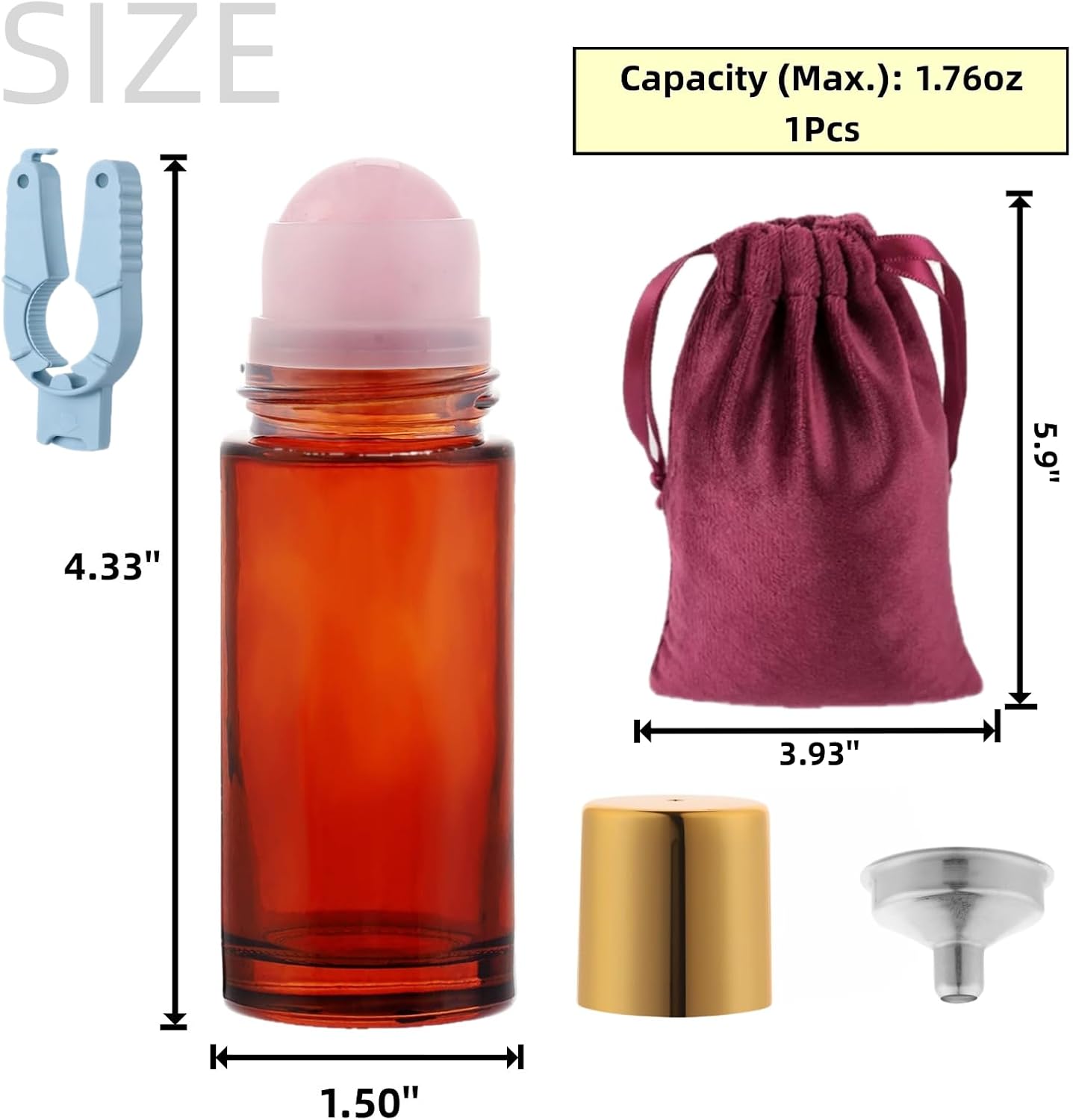 Rose Quartz Roller Ball Applicator - 50ml Refillable Amber Glass Perfume Bottle | Leak-Proof Travel Design with Gold Caps
